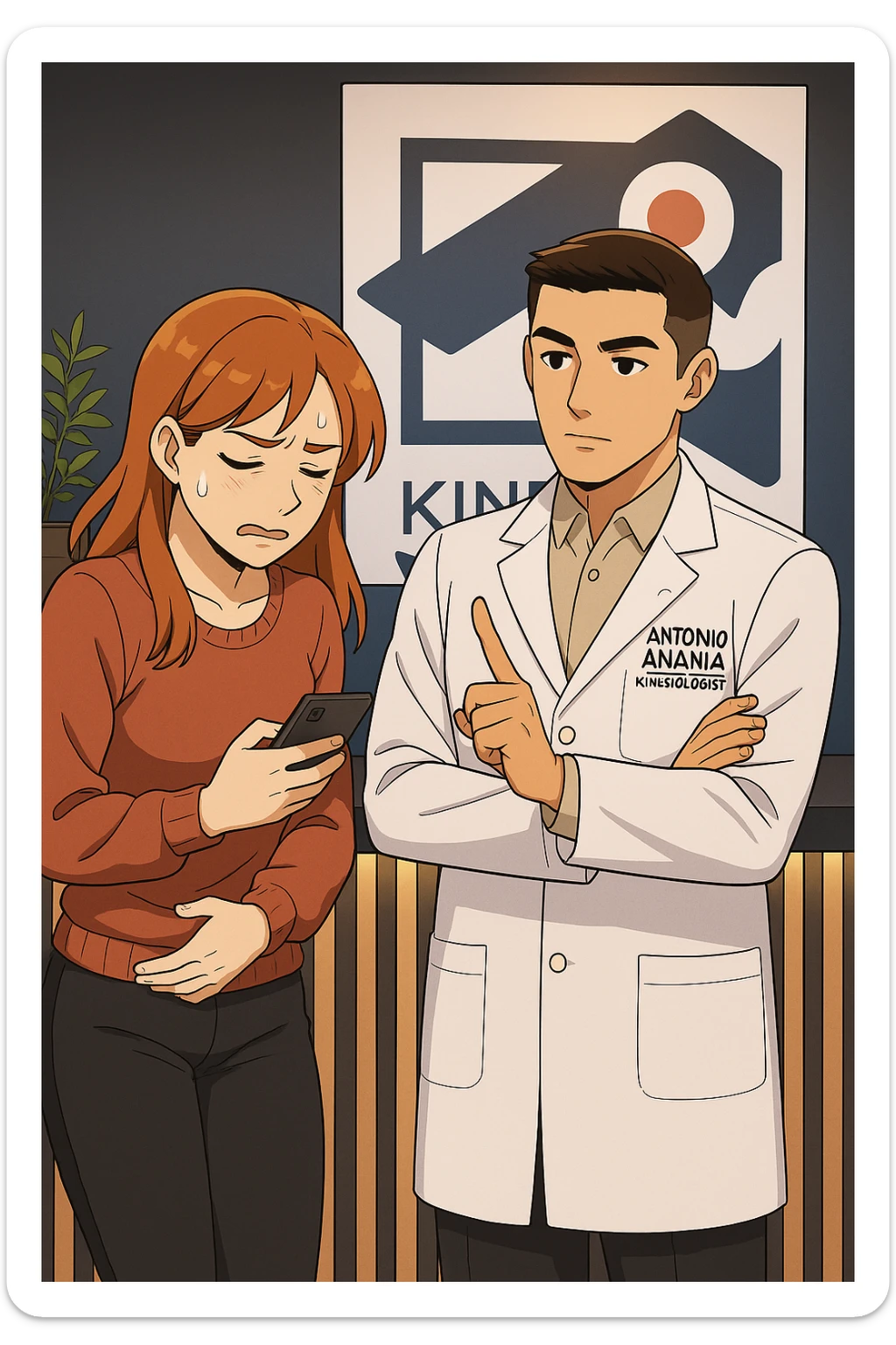 su questo stile fai un manga/webtoon a colori in cui una donna CONTROLLA LO SMARTPHONE MENTRE PARLA CON L'UOMO, l'uomo della foto in stile manga LE DICE DI "NO" CON IL DITO, mantieni un ambiente simile alla foto che ho allegato con il suo logo (sarebbe il suo studio, lui è un kinesiologo), scrivigli "ANTONIO ANANIA" sul camice bianco, non mettere fumetti, ma fai in modo che sembri che la donna CONTROLLI LO SMARTPHONE E L'UOMO CON I GESTI LE FACCIA CAPIRE CHE STA SBAGLIANDO sticker