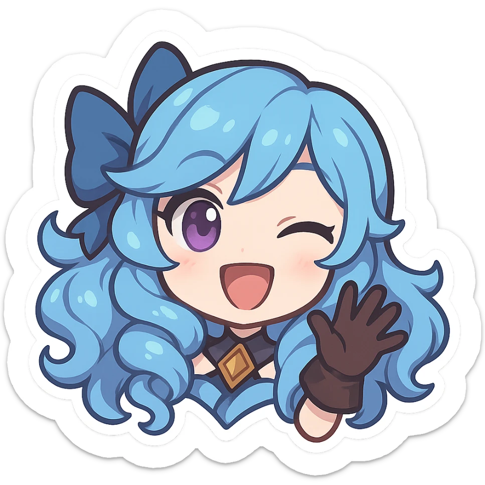 chibi style Gwen from League of Legends, only head, right eye purple, one hand waving with glove, big smile, energetic pose, blue hair sticker