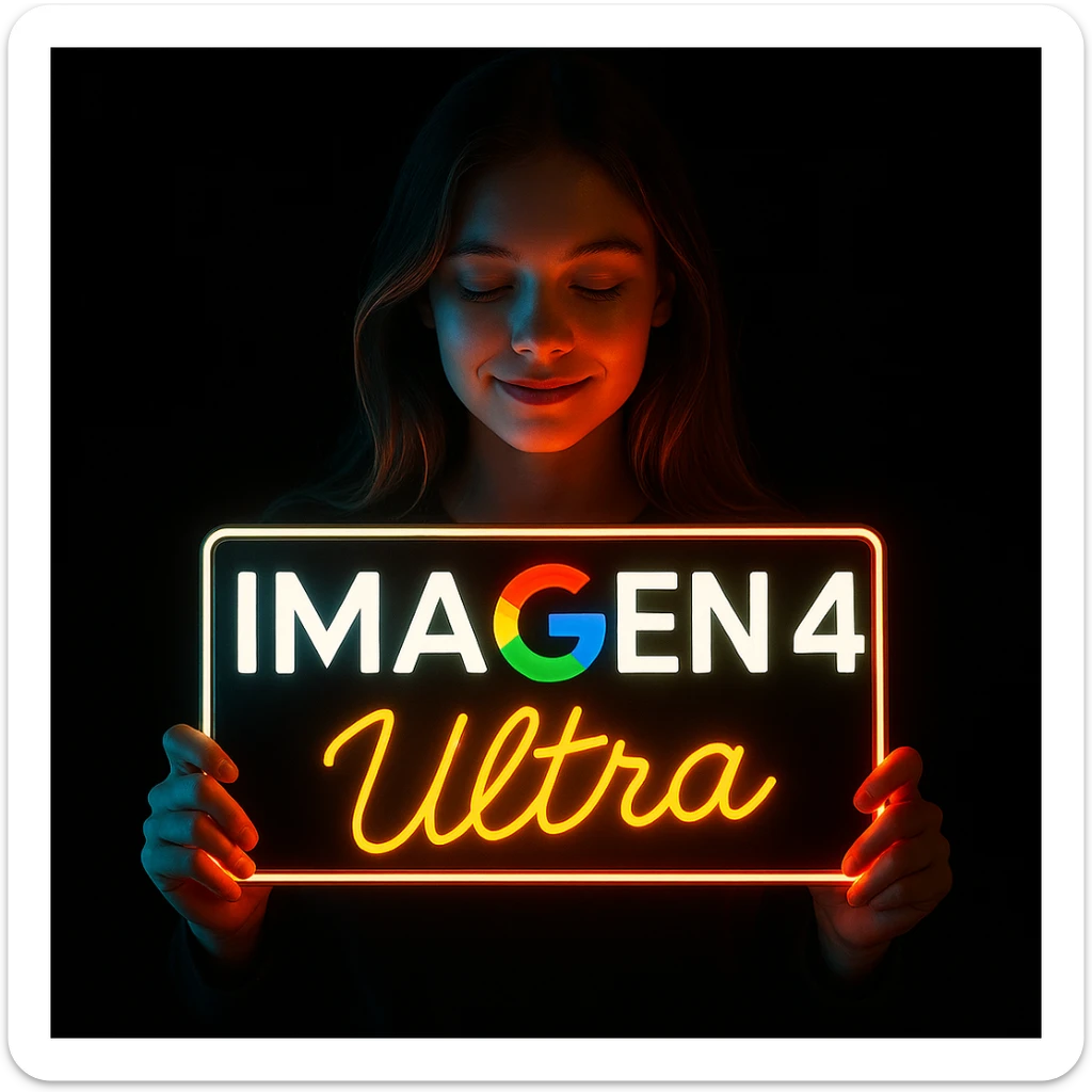 make a girl holding this sign, but sign in made of neon, also add ultra below the sign sticker