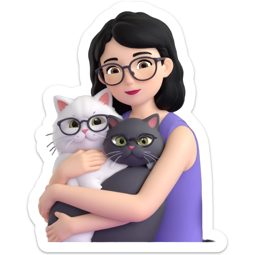 Skinny woman with oval glasses, shoulder length straight black hair, wearing white sleeveless top, hugging a grey Persian-Angora cat, plain background sticker