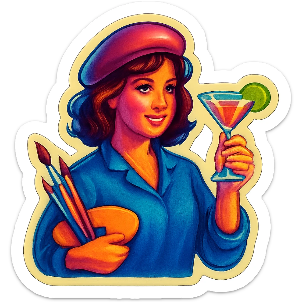 A sticker of a female artist with a glass of cocktail sticker