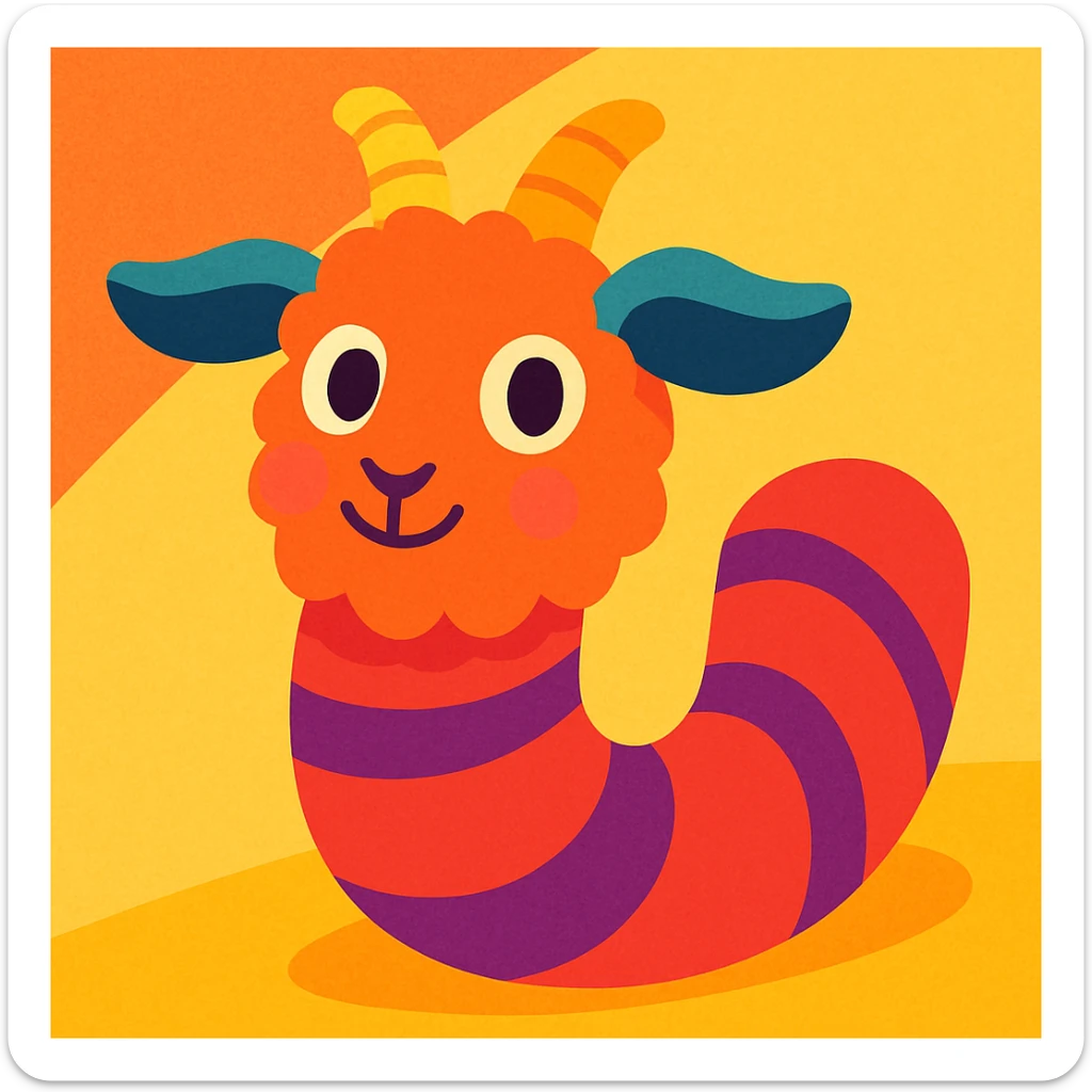 cute creature with goat's fluffy face and ears, smooth elongated worm body, friendly colorful illustration sticker