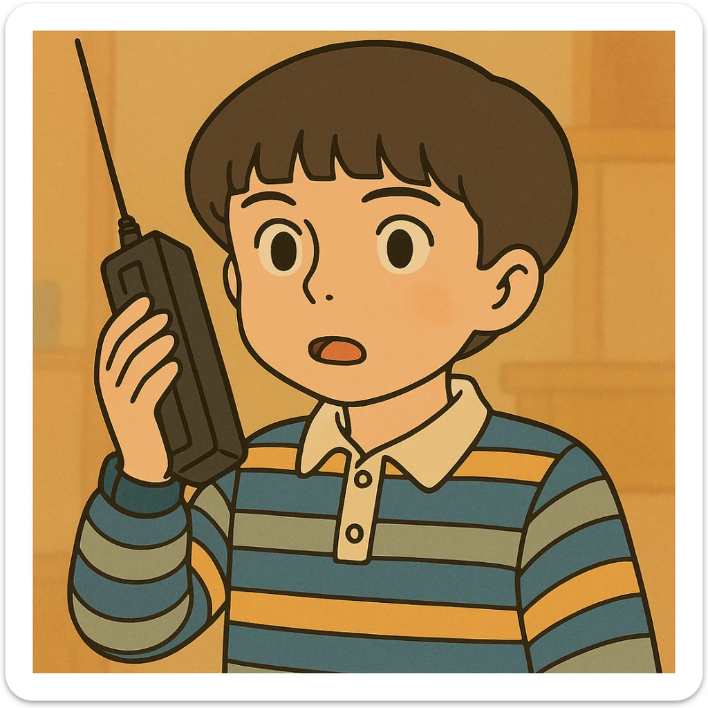 Variação do Mike Wheeler com cabelo de tigela mais curto, traço simples e delicado, colorido em tons pastel, contornos bem grossos e escuros, estilo Ghibli, formato 1:1 sticker