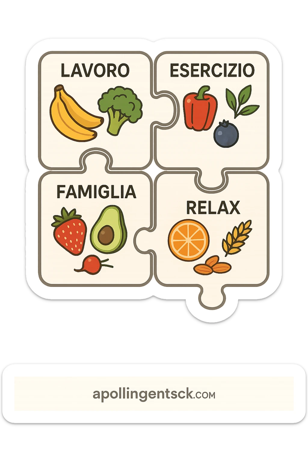 Puzzle (Lavoro, Esercizio, Famiglia, Relax), and healthy foods are integrated into each piece. in italiano sticker