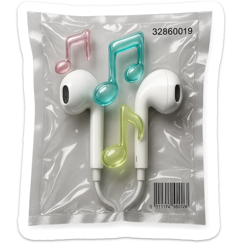 pair of white EarPods with three floating glass music notes in pastel colors, shiny and puffy, vacuum-sealed style sticker