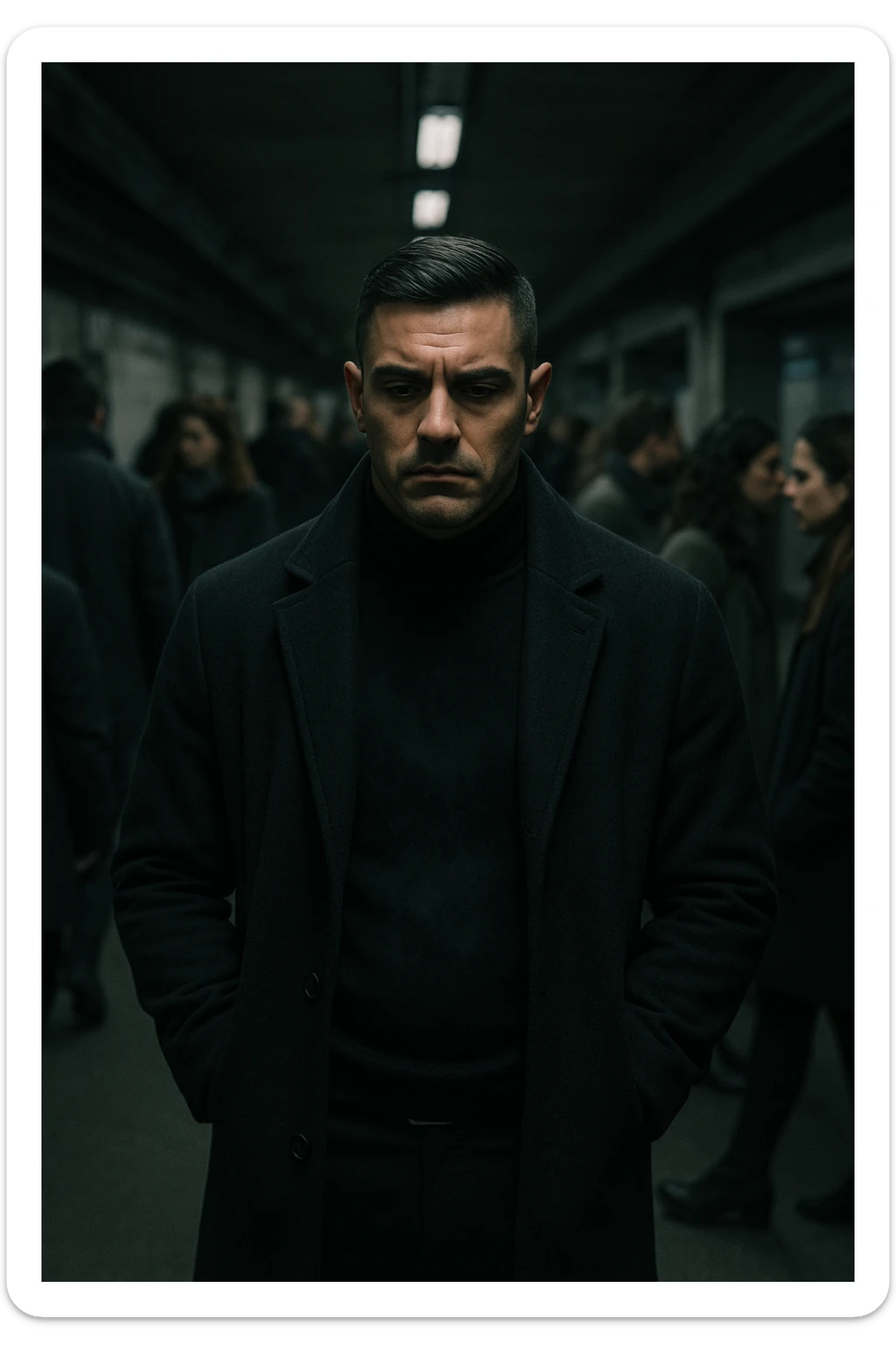 A cinematic shot of a man in his early 30s standing still in the middle of a crowded urban environment — perhaps a subway platform or office hallway — surrounded by blurred, cold-looking people facing away from him or speaking among themselves, ignoring him completely. The man has a heavy, emotionally drained expression, shoulders slightly slouched, hands in his coat pockets. He stands out in sharp focus while the others are dimly lit, grey-toned, and in motion blur. The lighting is harsh and cool, with strong shadows and low saturation to emphasize emotional isolation. A subtle dark aura or mist lingers around the man’s body, visually conveying the weight of negativity and emotional pressure. Shot in 35mm cinematic style, high realism, with a desaturated color palette and shallow depth of field sticker