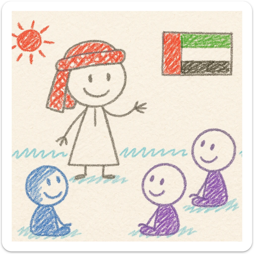 child in traditional Emirati dress presenting in front of the class, classmates watching, UAE flag on the wall, cheerful and kid-friendly illustration sticker