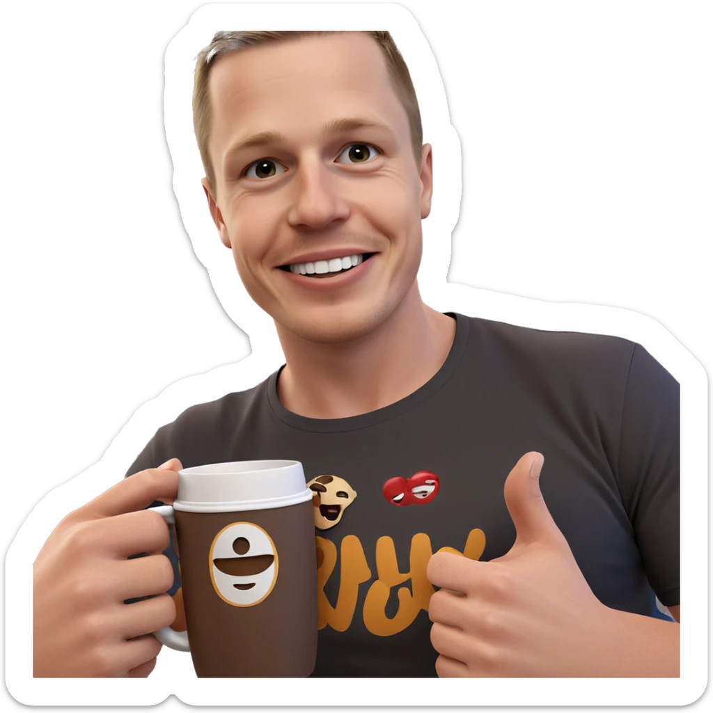 smiling boy with coffee cup sticker