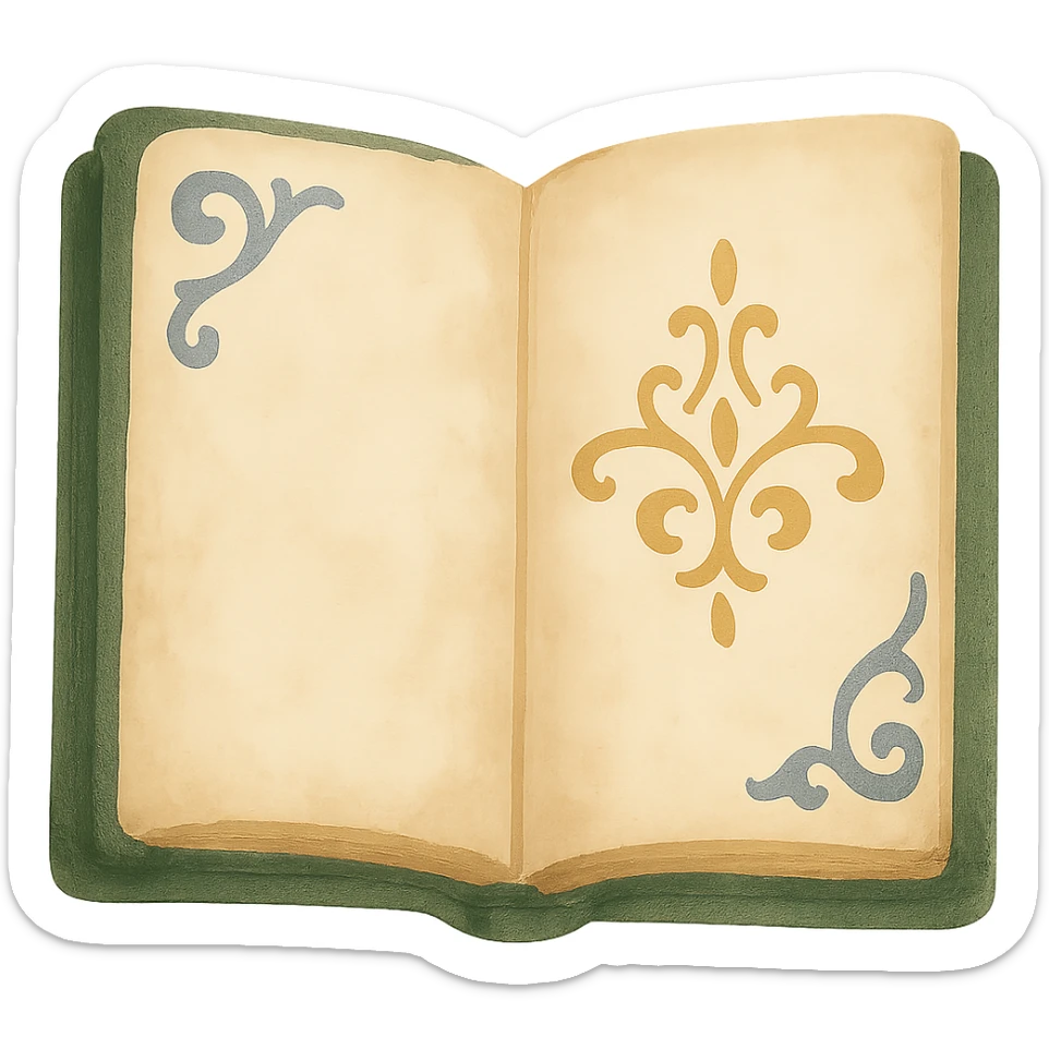 Increase the saturation and contrast of an open antique book with a dark green cover, maintaining the dreamy painterly watercolor style with visible brushstrokes, on a transparent background. sticker