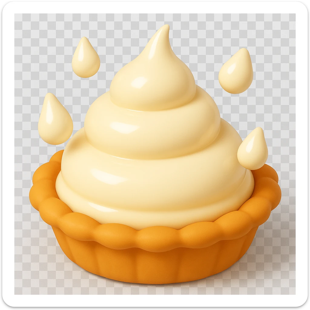 Frame 5 of 15: Cream pie with four cream droplets, playful 3D emoji style, golden brown crust, same angle as reference sticker