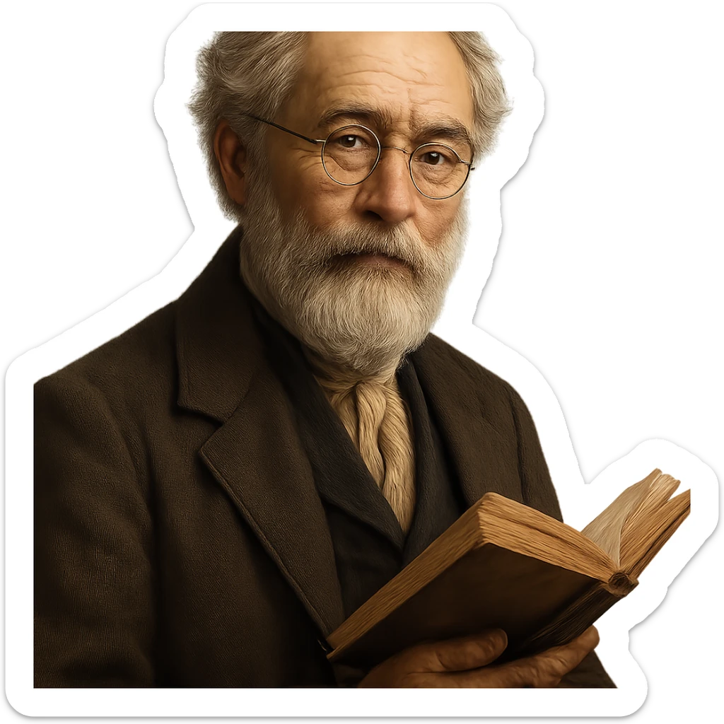 an intellectual poet with round gold glasses, a white beard, and a book in his hand, detailed, portrait sticker