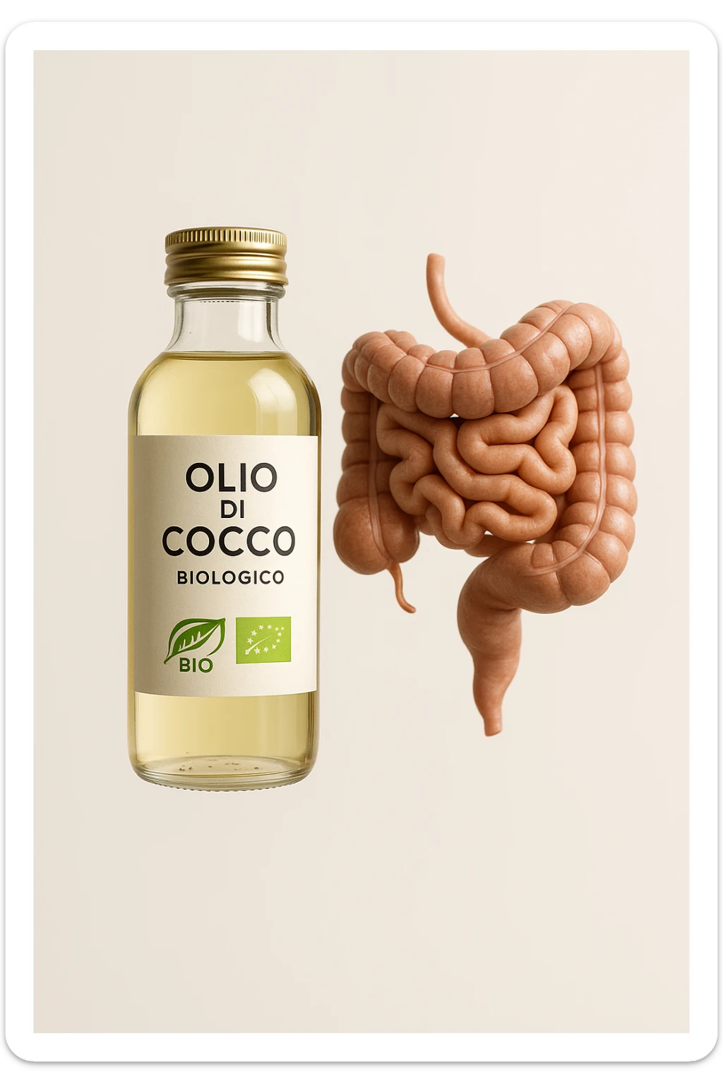 BOCCETTA DI OLIO DI COCCO BIOLOGICO (FAI UN ETICHETTA SUL PRODOTTO IN ITALIANO) CHE FLUTTUA IN ARIA INSIEME A UN INTESTINO UMANO ANATOMICO IN PERFETTA SALUTE, SFONDO CHIARO, iperrealistico 4k sticker