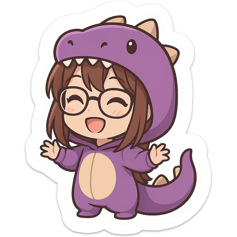 chibi anime style gamer girl with glasses, brown hair, dark purple eyes, wearing a purple dinosaur costume, happy, eyes open, no controller sticker