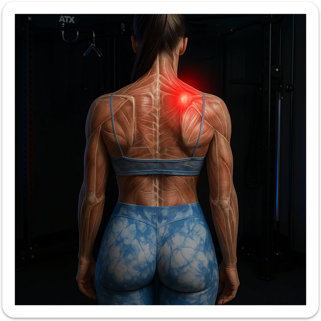 Anatomical hyperrealistic 4K view of a woman from the back in a gym environment, showing a muscle contracture as a clearly visible knot on the right side of the upper back muscles, translucent muscles and skin, with a red halo. Knot positioned higher. sticker