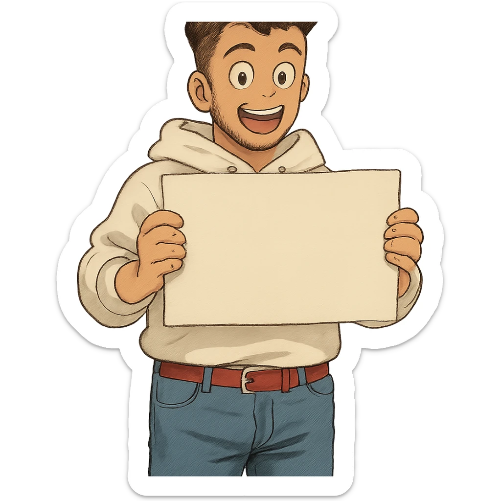 1 male, mid fade haircut dark chestnut brown curly hair, toasted lightskin, white hoodie sleeves up, fashion jeans, red fashion-sneakers shoes, red belt, short trimmed beard and goatee,  style of deku from "my hero academia", pose: holding a blank poster shoulder level, the image is framed from the waist to above the top of the head, facial expression is excited sticker