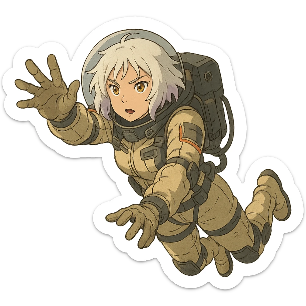 1 female, white hair lavender tips gold yellow eyes, a tactical female space warrior floating in zero-g EVA operations, reaching in front of her sticker