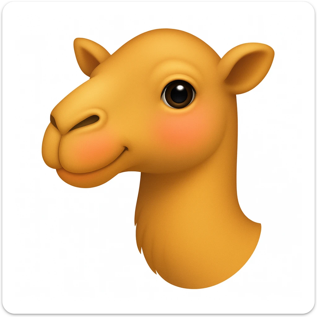 Edit the camel emoji to remove the hat, the green part of its neck, and the thing in or by its mouth. Keep all other details and style exactly like the iOS emoji style reference image. Add a slight blush to the cheeks. sticker