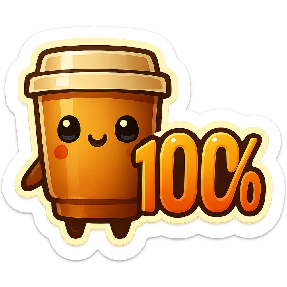 Tall coffee cup, no mouth, giant sign "100%" sticker