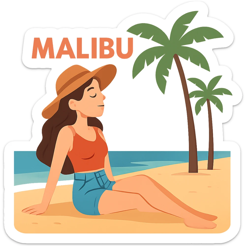 flat toon style young woman relaxing in Malibu with beach and palm trees sticker