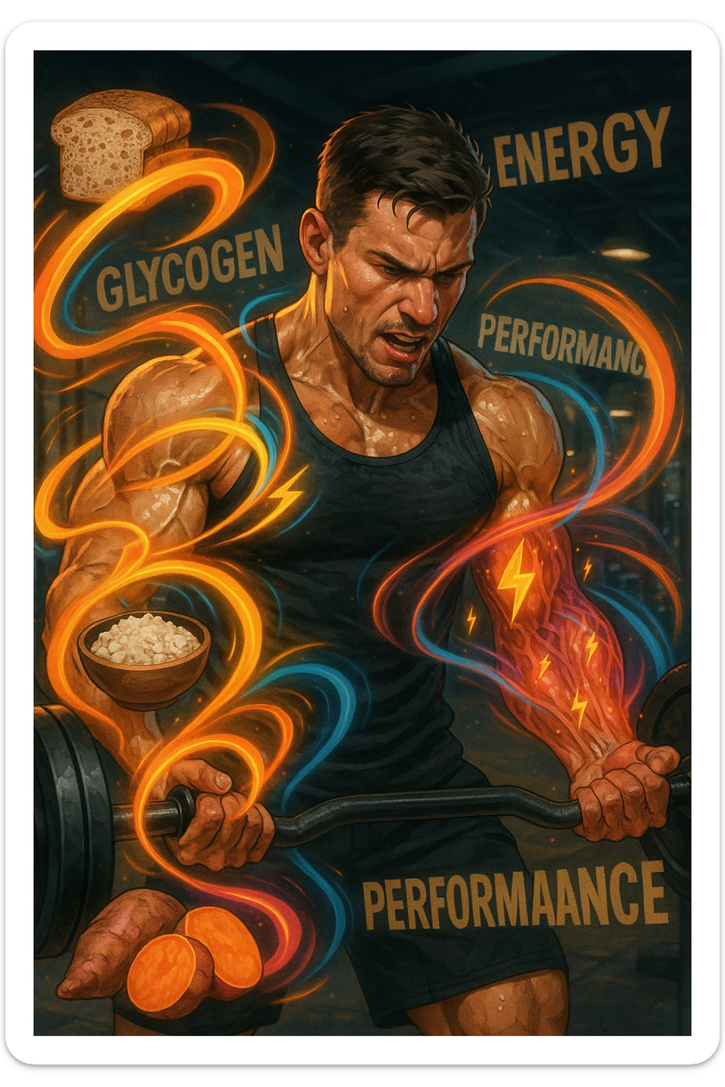 Uomo atletico di circa 30 anni durante un allenamento intenso in palestra, con muscoli ben definiti e sudati. Intorno a lui si visualizzano flussi energetici colorati che partono da fonti di carboidrati (pane integrale, riso, patate dolci) e si dirigono verso i suoi muscoli. I muscoli appaiono attivi, tesi e in pieno sforzo, con piccoli simboli di 'carburante' o energia che entrano nei tessuti. Espressione concentrata e potente. Sullo sfondo, parole come 'glicogeno', 'energia', 'prestazione'. Atmosfera dinamica, intensa e positiva. sticker