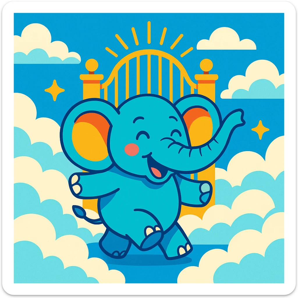 an elephant in heaven, vibrant cartoon style, with clouds and golden gates sticker