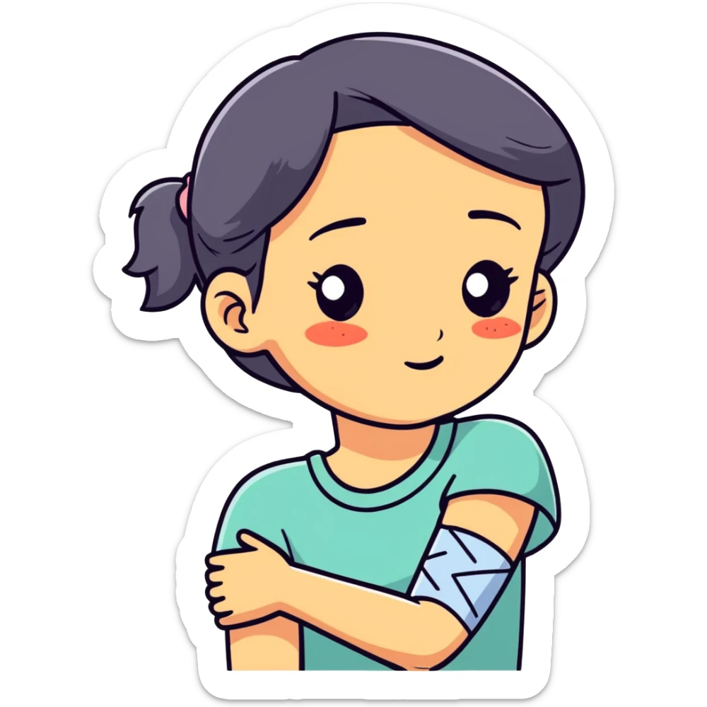 girl who is injured with  cast on arm and scratches on face with black eye  sticker