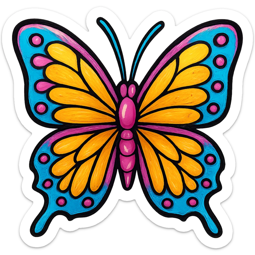 Make this butterfly icon have a variety of vibrant shades like the original image, but with a subtle metallic rose gold nuance and reflective highlights. Keep the color variation and add a gentle metal effect, on transparent background. sticker