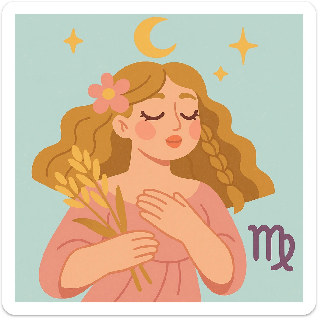 Virgo zodiac sign illustrated as a mystical maiden, soft pastel colors, dreamy aesthetic sticker