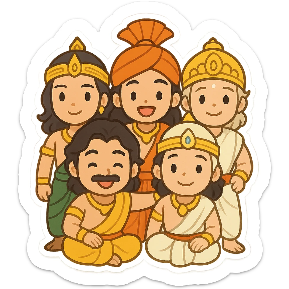 Pach Pandav, the five Pandava brothers from Indian mythology, depicted together in a friendly, iconic group pose, vibrant and recognizable, suitable for an emoji or sticker sticker
