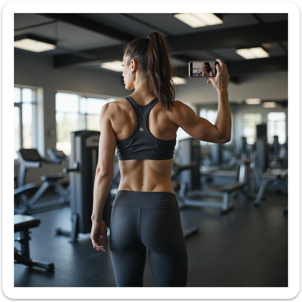 athletic woman in leggings and sports top in gym, doing triceps cable exercise, recording video check with smartphone for coach, gym with mirrors and machines, natural light, hyperrealistic details, 4K sticker