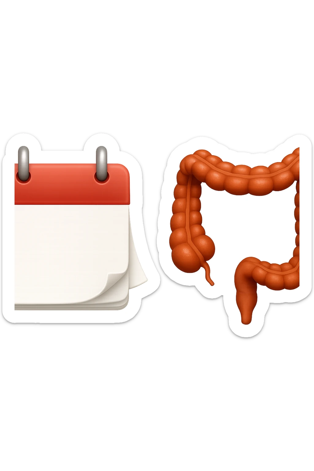 emoji stile iphone di un calendario con fogli che volano insieme a pezzi anatomici di colon umano, iperrealistico 4k, isolato su sfondo bianco sticker