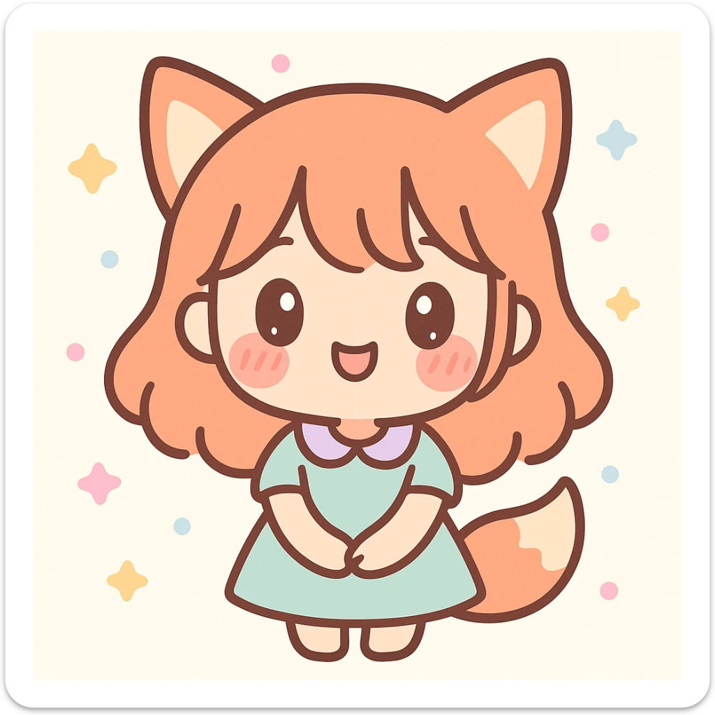 a cute girl with fox ears and ginger hair, blushing, in a kawaii chibi style sticker