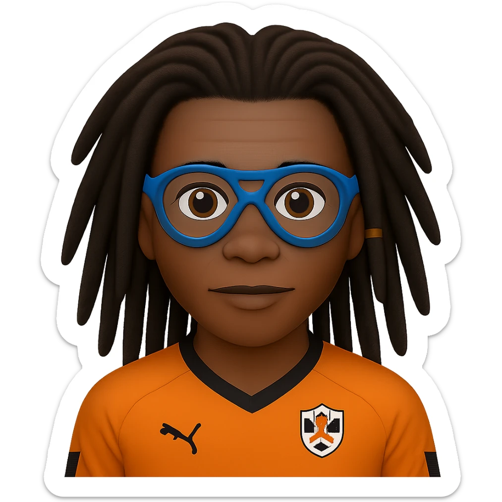 Edit the image to make the hair darker and less spiky while keeping the signature dreadlocks and sports goggles. Change the blue elements in the Netherlands football shirt to black. Preserve the Apple emoji style and maintain a transparent background. sticker