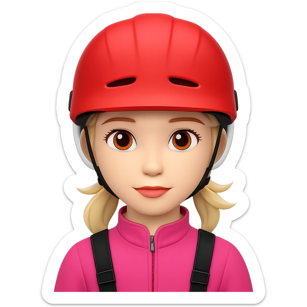 Change the girl's dress color to pink, keep the red bike helmet, no background. Maintain the original style of the image. sticker