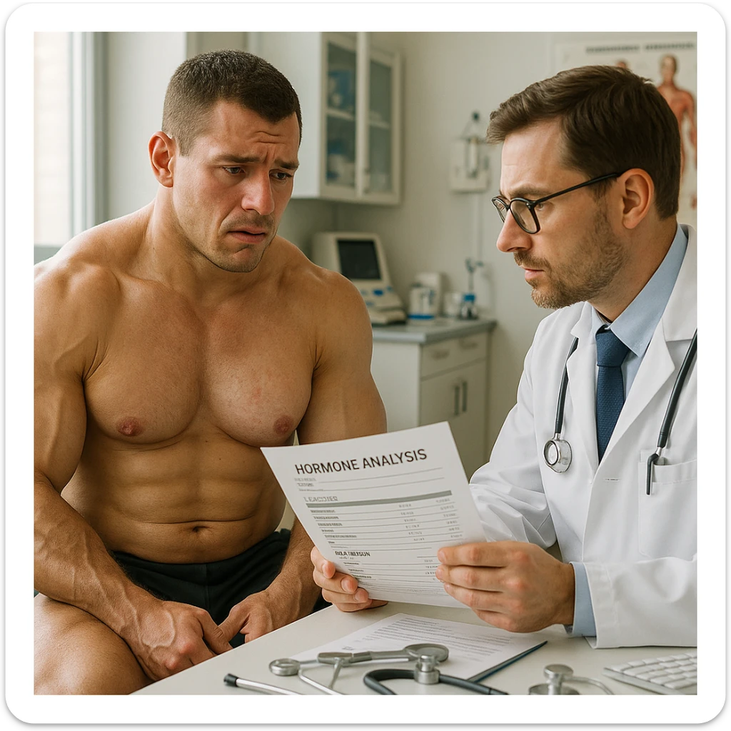hyperrealistic male bodybuilder, muscular, sitting in a detailed medical office, facing a doctor consulting hormone analysis reports, showing signs of estrogen excess such as mild gynecomastia and swelling, worried expression, natural light, professional atmosphere, detailed medical instruments sticker