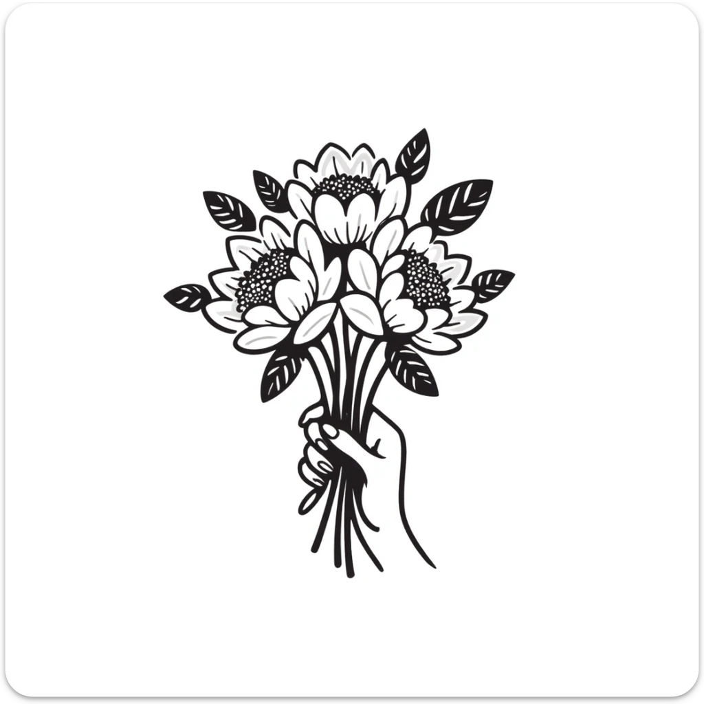 a bouquet of peonies with lush petals and leaves, held in a hand, in pastel colors dd9fb0 ffc6d3 a3bfc9 c4bee2 f1b091 sticker