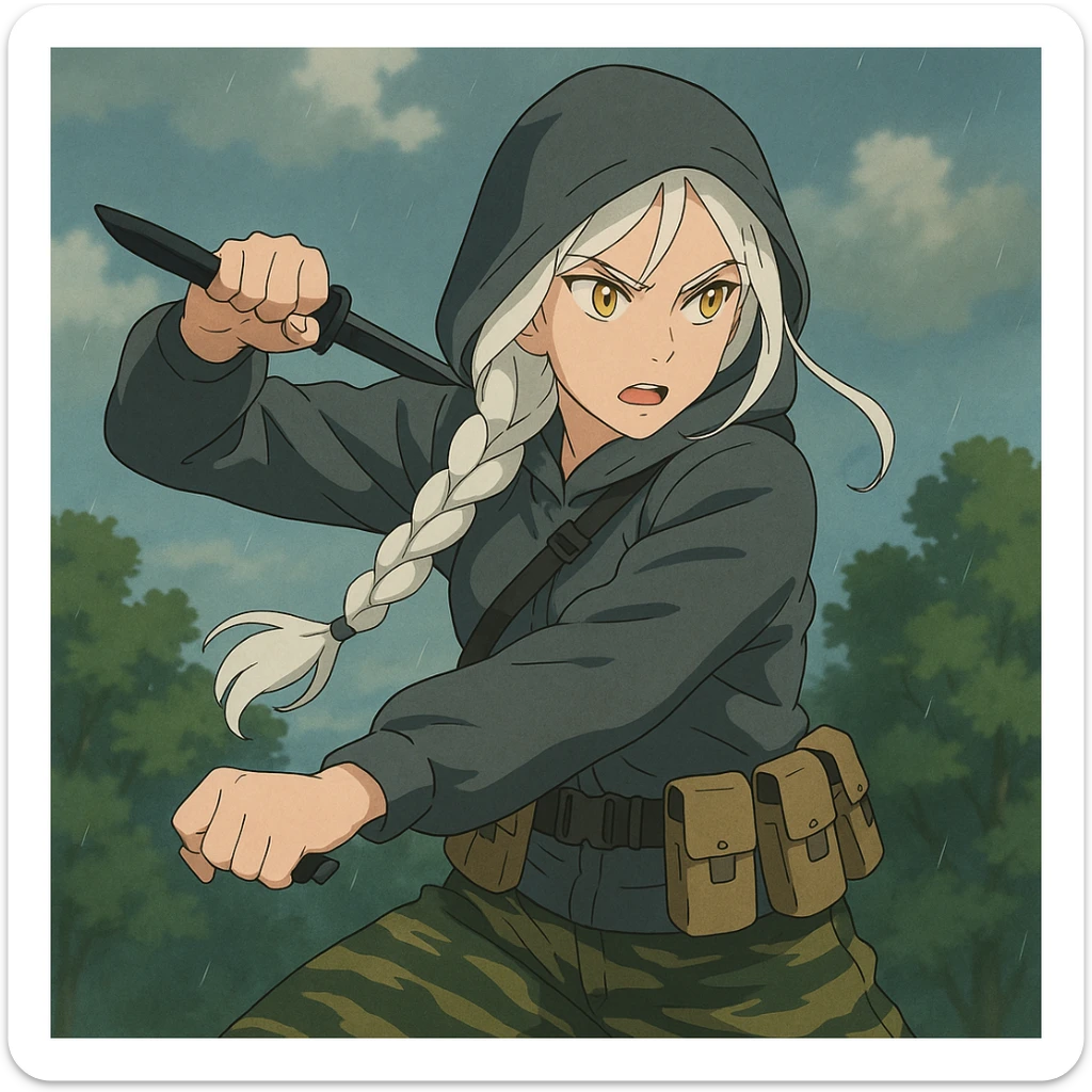 1 female, mid-20's  white hair long braid, gold yellow eyes, gray rainproof hoodie, hood up, single point sling, tan mag pouches on belt rig, tiger stripe camo pants, holding a combat blade, striking, swing sticker