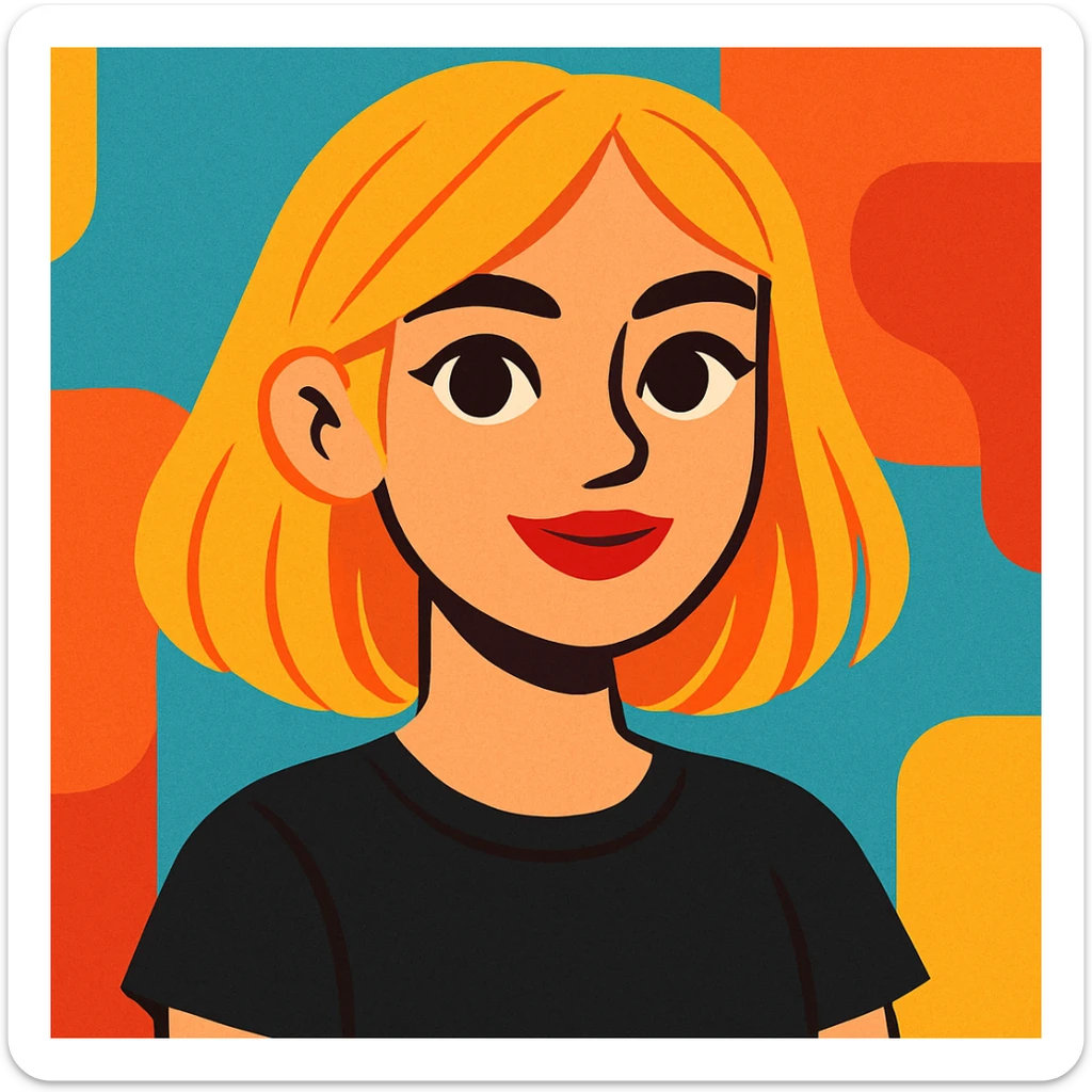 a girl with blonde, straight hair, brown eyes, red lipstick, wearing a black t-shirt, modern illustration style sticker