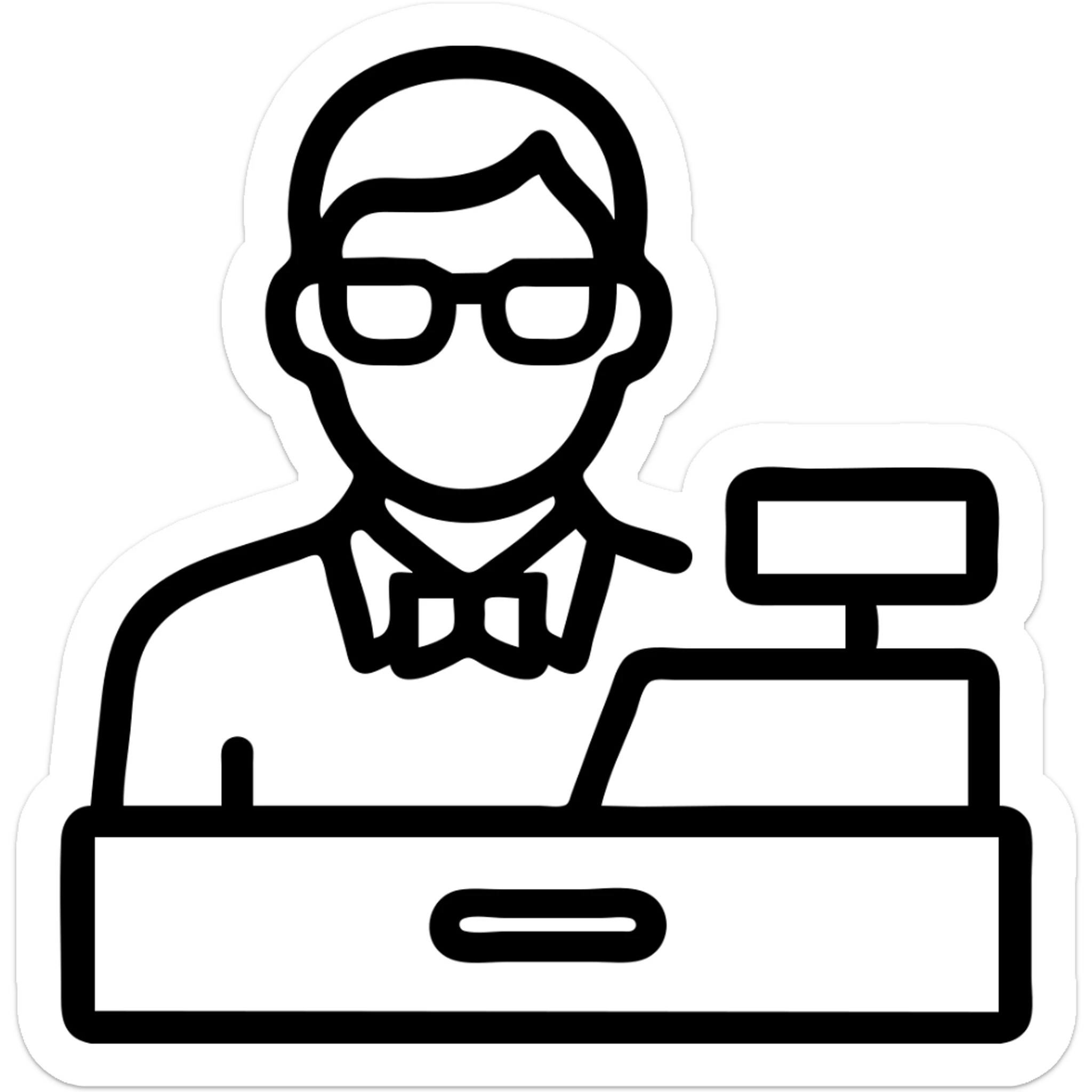 Add eyeglasses to the cashier man in the icon outline style. Keep the design simple and clear with transparent background. sticker