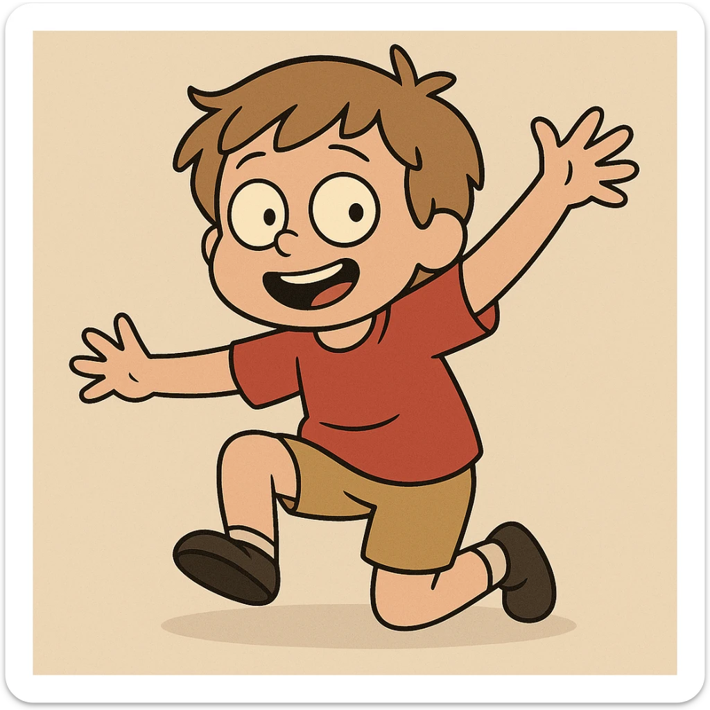 child, brownish blonde hair, red shirt, playful pose, minimal background, cartoon style sticker