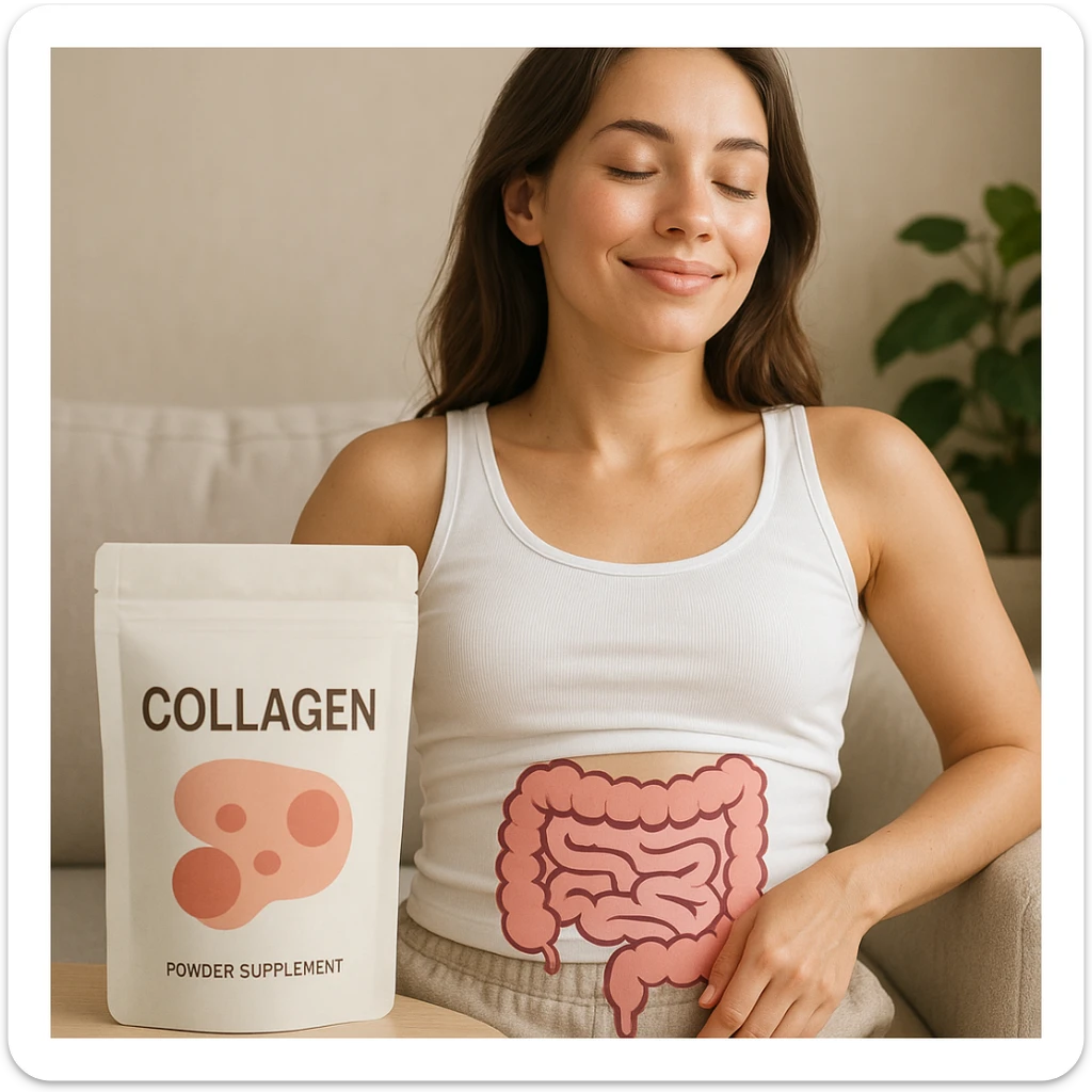 realistic image of a woman with a healthy intestine, benefits of collagen, relaxed posture, glowing skin, positive atmosphere, collagen package in the foreground sticker