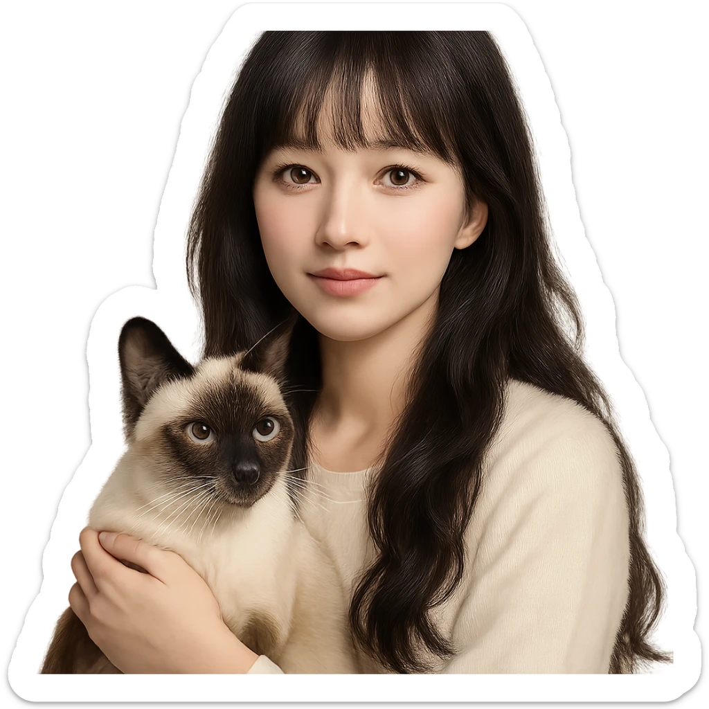 white-skinned East Asian woman holding a Siamese cat, black see-through bang bangs, long wavy hair down to chest, round brown eyes, light pink blush on cheeks, pink lips, warm and soft expression sticker