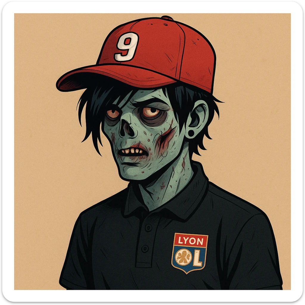 zombie boy with black emo hair and piercing, wearing a black polo shirt with a Lyon logo, red cap with a '9' on it, modern illustrated style sticker