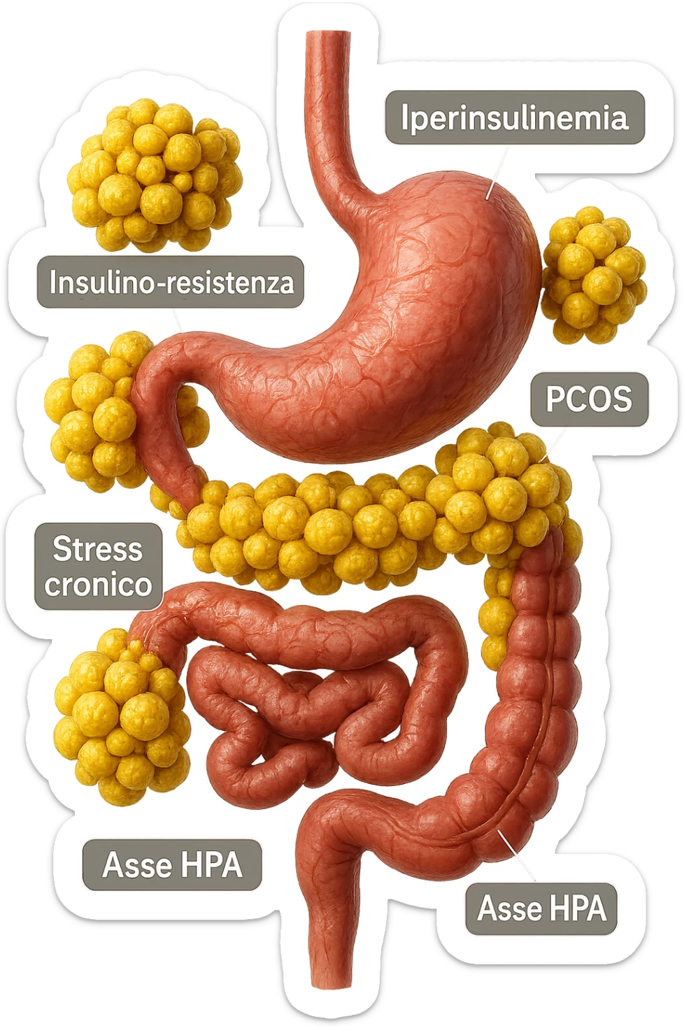 STOMACO E INTESTINO SONO VERTICALMENTE COLLEGATI E INTORNO A QUESTI ORGANI CI SONO CELLULE DI GRASSO GIALLE ATTACCATE SOPRA A GRAPPOLI, intorno fluttuano cellule di grasso giallo e alcune targhette con queste parole "Iperinsulinemia", "insulino-resistenza", "PCOS", "Stress cronico", "asse HPA", IPERREALISTICO 4K sticker