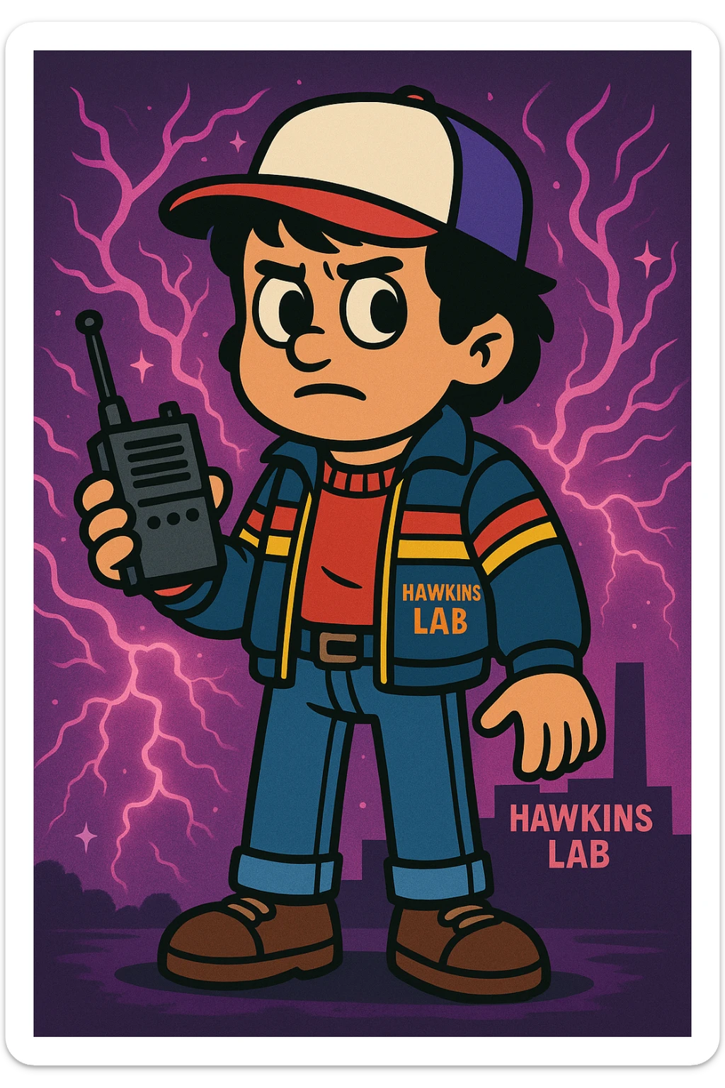 Stranger Things inspired character in vibrant toon style, wearing 80s clothing with supernatural effects, holding a walkie-talkie, and Hawkins Lab reference, variation 3. sticker