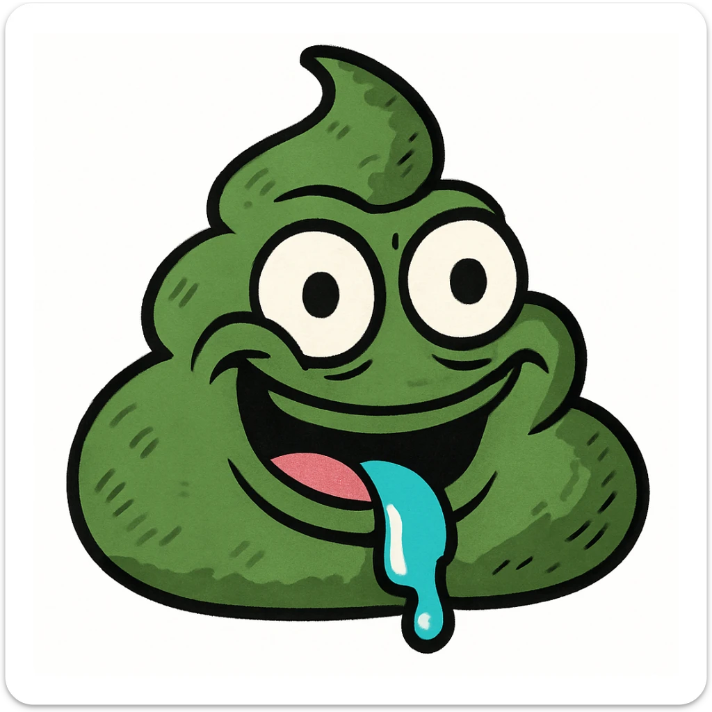 Make this green, goopy AI slop emoji look more like the classic poop emoji shape, but keep the green color and goopy, slimy texture. Add a mischievous, silly face in the style of Pepe the Frog meme. sticker