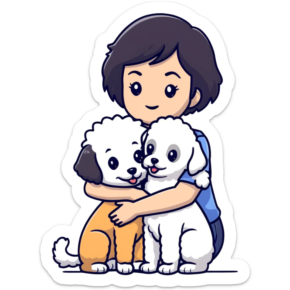 Woman with short black straight hair hugging a brown poodle and a white bichon frise sticker