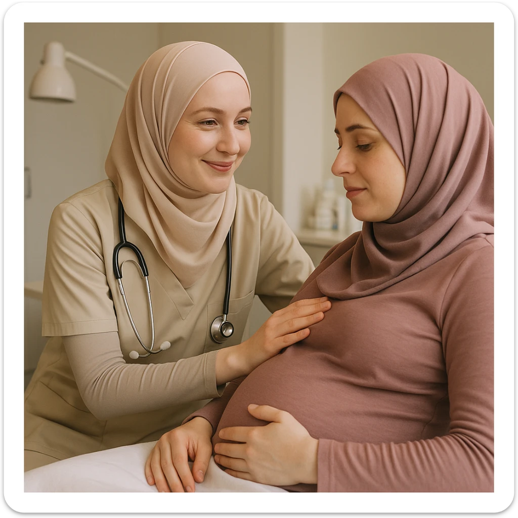 a hijabi midwife with pale skin, hijab in pastel color, comforting a patient, warm and professional sticker