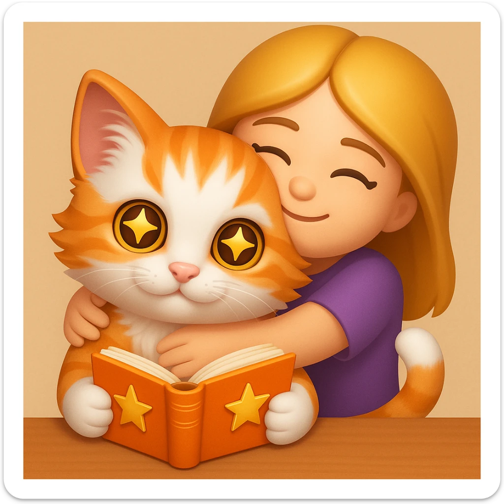 A kitten sitting at a table holding a book with stars in its eyes, and a girl hugging him from behind, emoji style. sticker