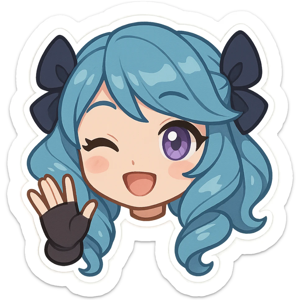 chibi style Gwen from League of Legends, only head, right eye purple, waving hi, frame 1: hand raised, smiling sticker